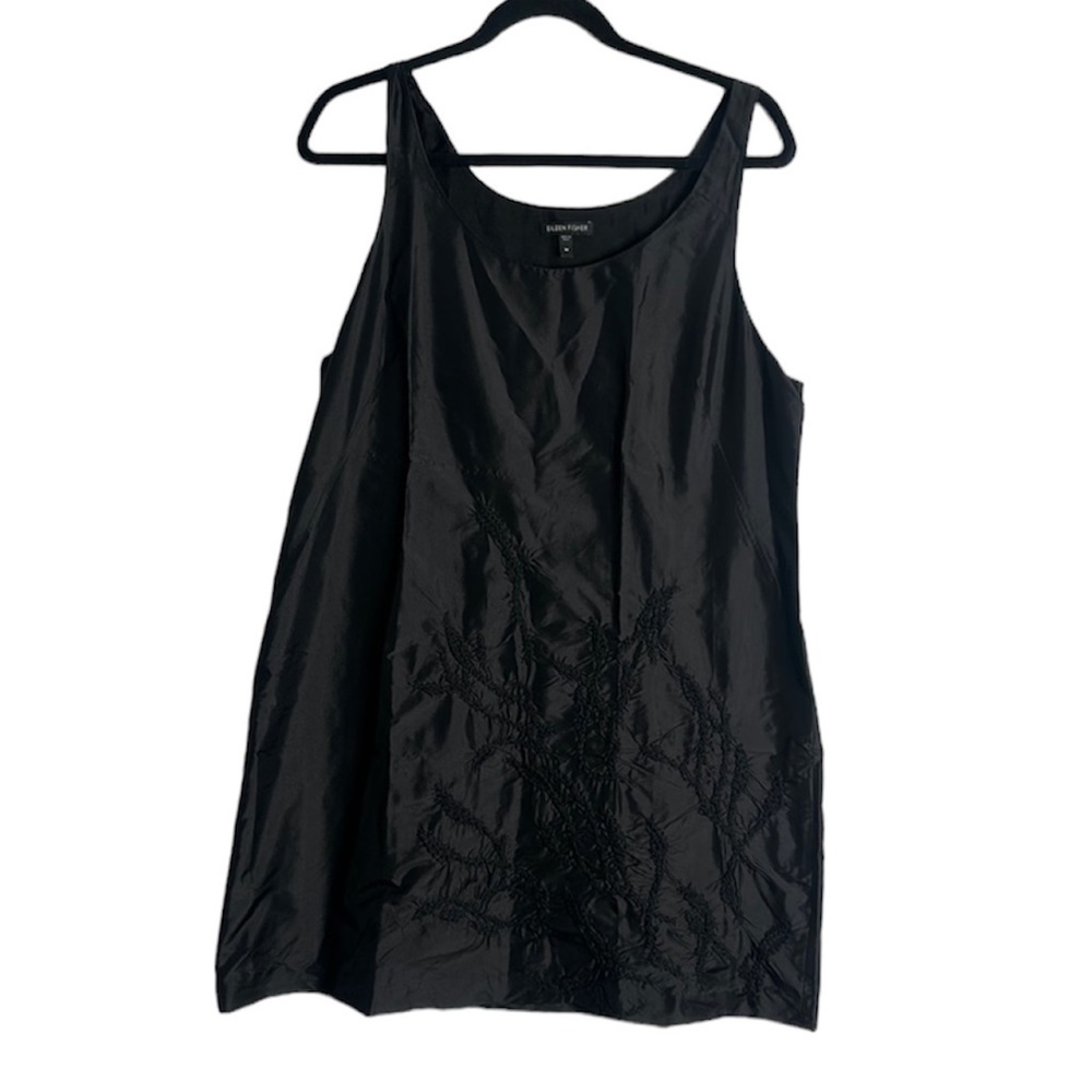 Eileen fisher black slik mini embroidered dress size medium
